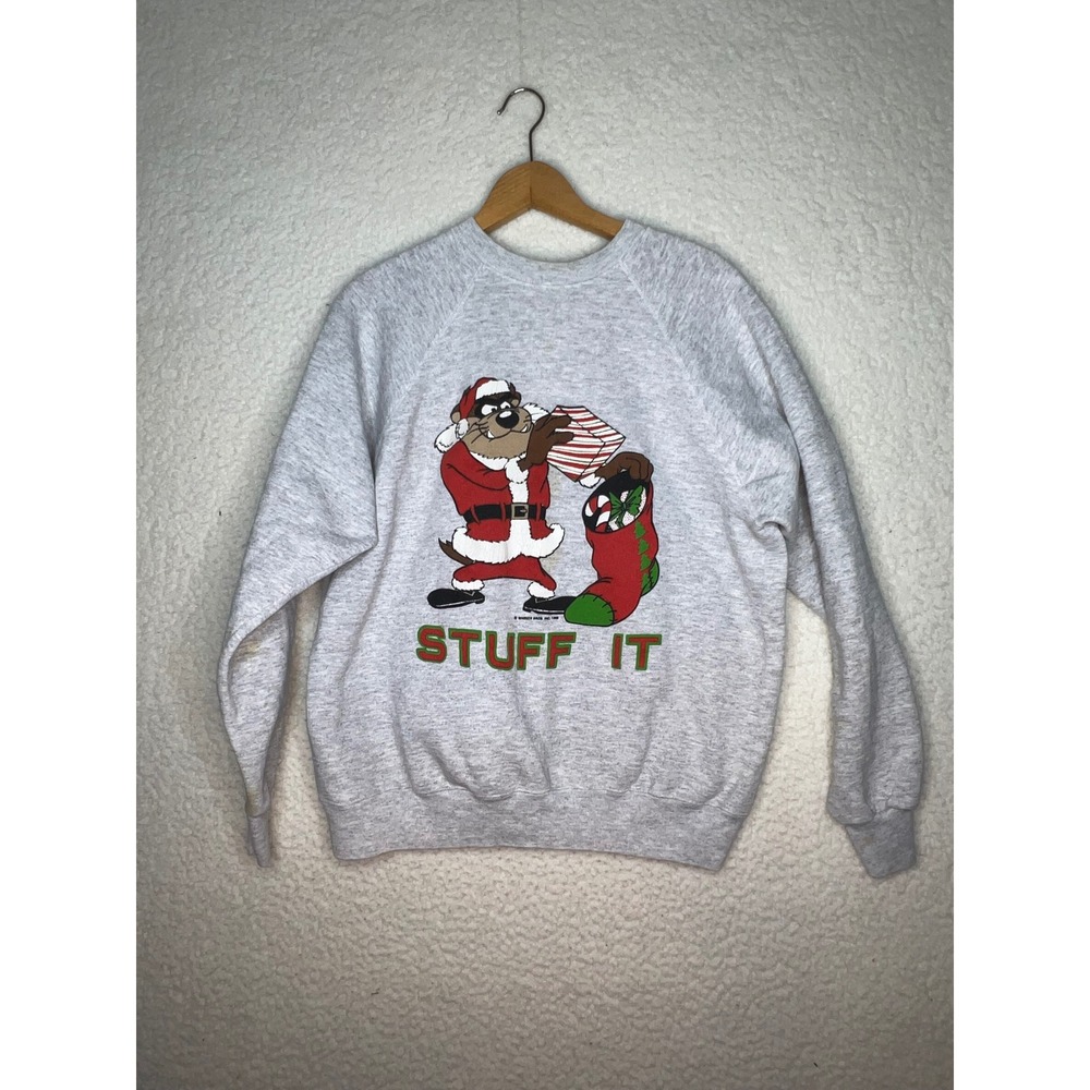 Vintage 1988 Warner Bros Taz Christmas Sweatshirt Artex Gray Mens Large STUFF IT